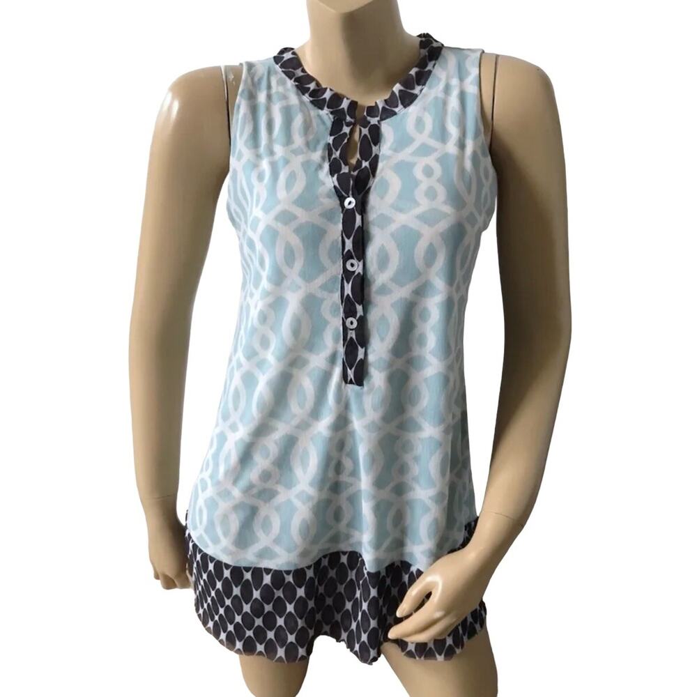 Piper & Sparrow Womens Small Sheer Boho Split Neck Tank Top Sleeveless Blue